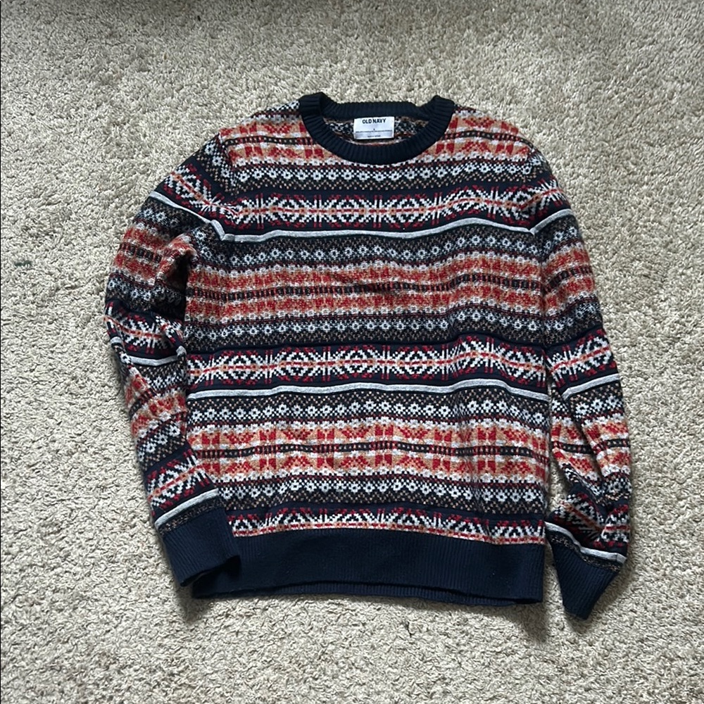 Men's Navy and Red Patterned Sweater